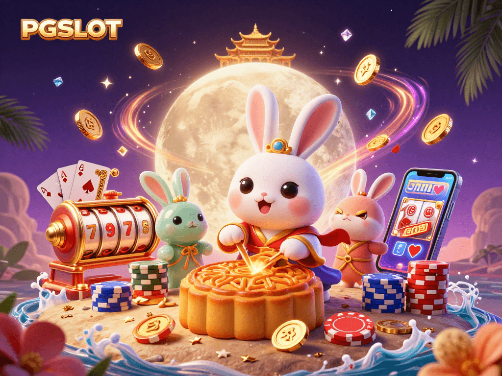 PGSLOT showcases a dynamic scene with a moon rabbit spinning slot reels and revealing poker chips.