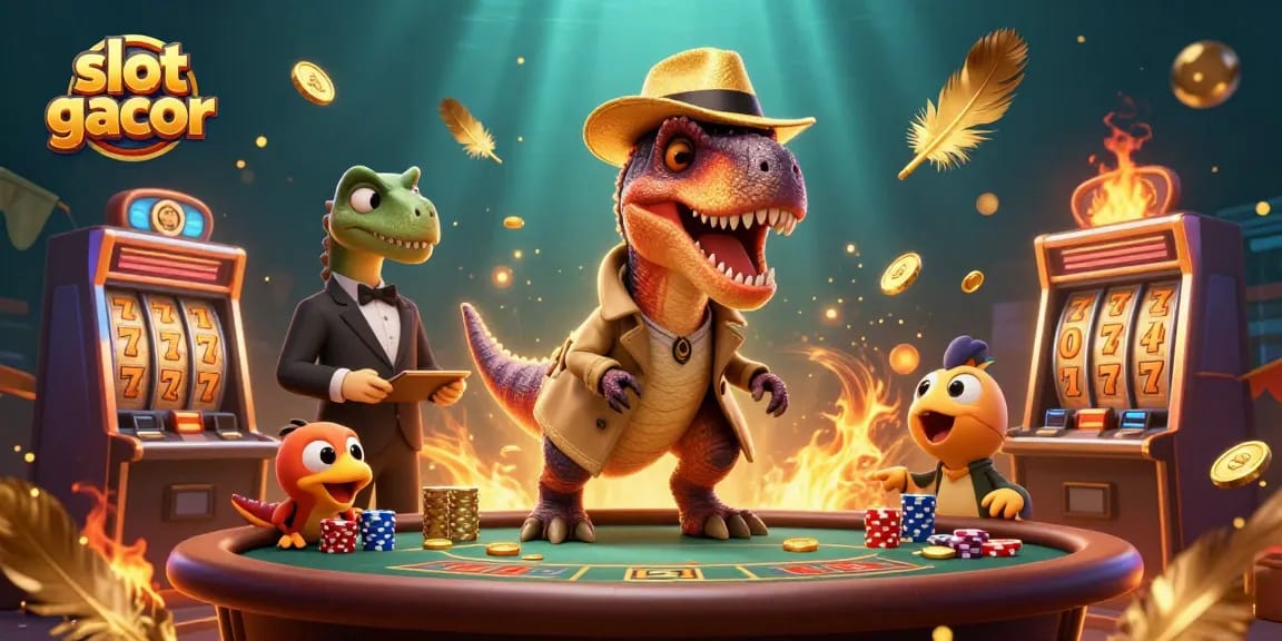Experience the thrill of slot gacor with a velociraptor card counter amidst dynamic casino action.