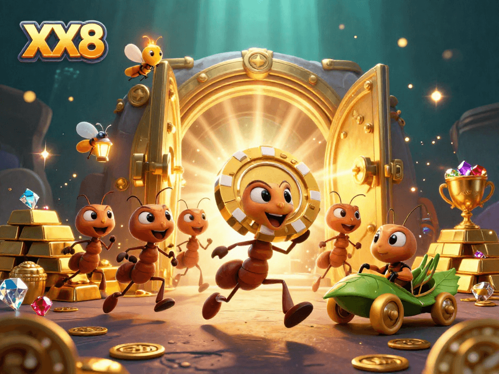 Join the adventure with XX8 as ants strategize a heist for golden poker chips in a dazzling casino world.