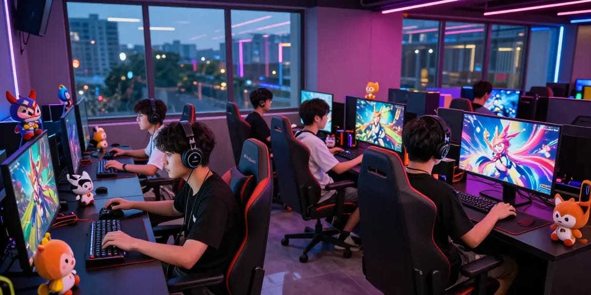 Gacha168 gaming community enjoying colorful gaming experiences in a vibrant lounge.