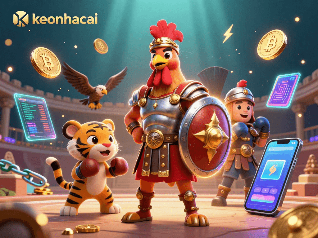 Engage with keonhacai's animated 3D casino scene featuring crypto themes and vibrant characters.