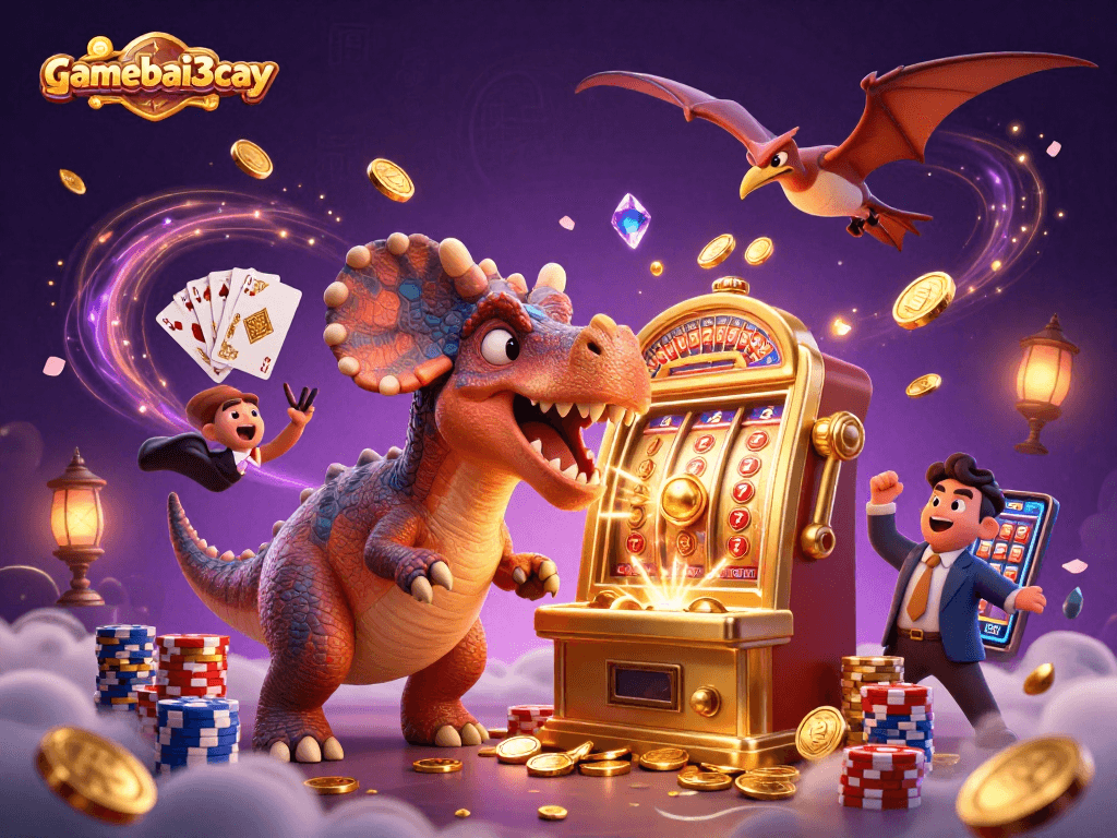 gamebai3cay unleashes a jackpot with 3D cartoon dinosaurs in a vibrant casino scene
