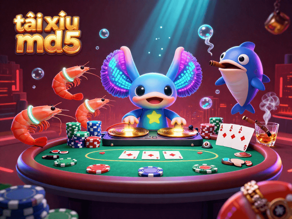 Experience high-stakes excitement with tài xỉu md5 at a vibrant underwater casino featuring neon characters.