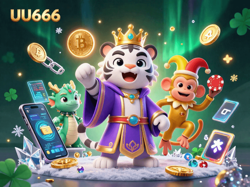 Play games at UU666 with a vibrant 3D scene featuring a royal tiger, playful monkey, and jade dragon surrounded by cryptocurrency.
