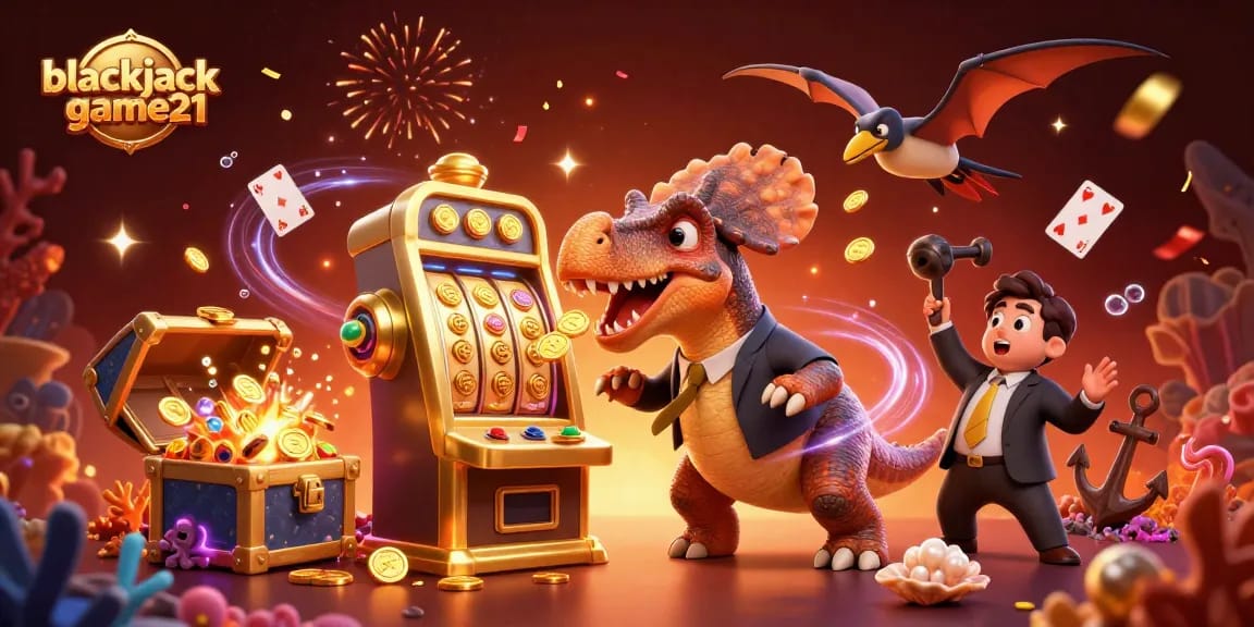 Engage with blackjack-game21 through an exciting scene of a dinosaur winning at casino games.