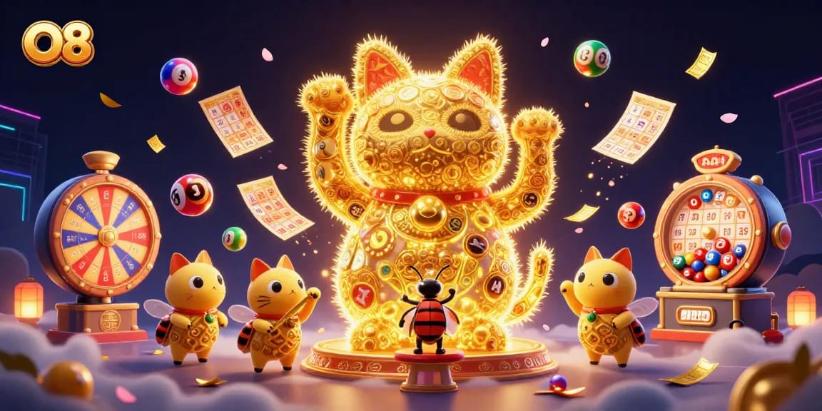 O8 invites players to win big with the lucky cat surrounded by exciting casino symbols.