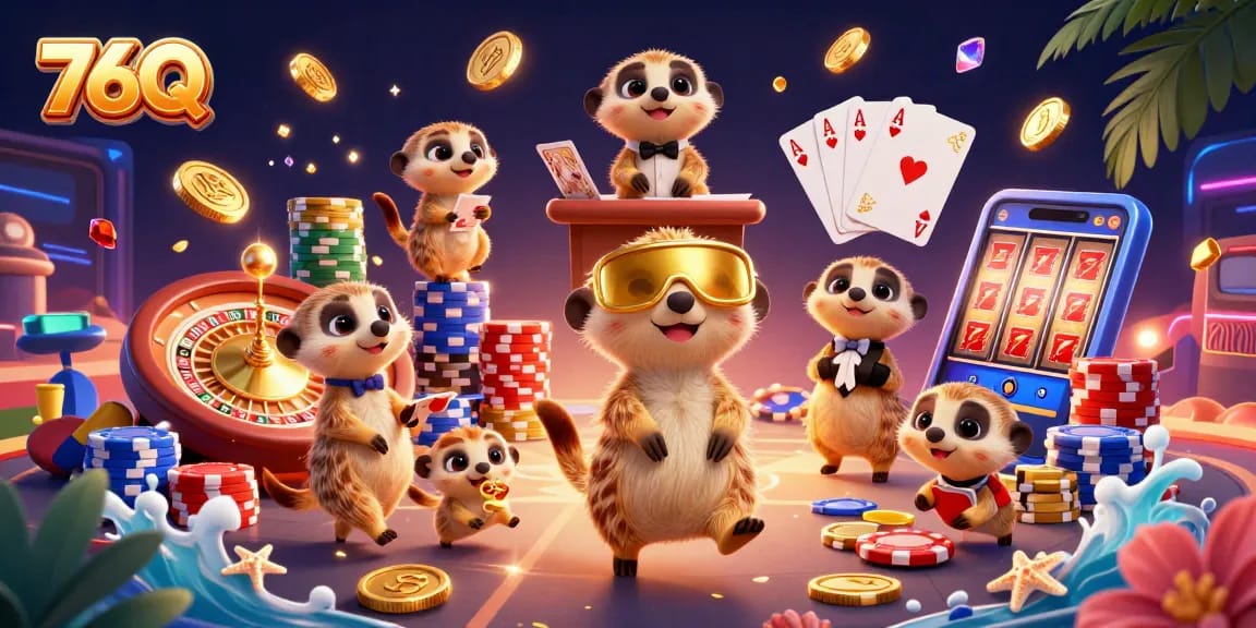 Os suricatos da 76Q gerenciam um cassino cheio de emoção e recompensas, com peças de jogos vibrantes.