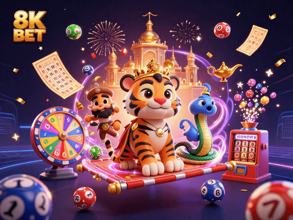 Experience vibrant gaming excitement at 8K BET with 3D illustrations of golden adventures and dynamic lottery elements.