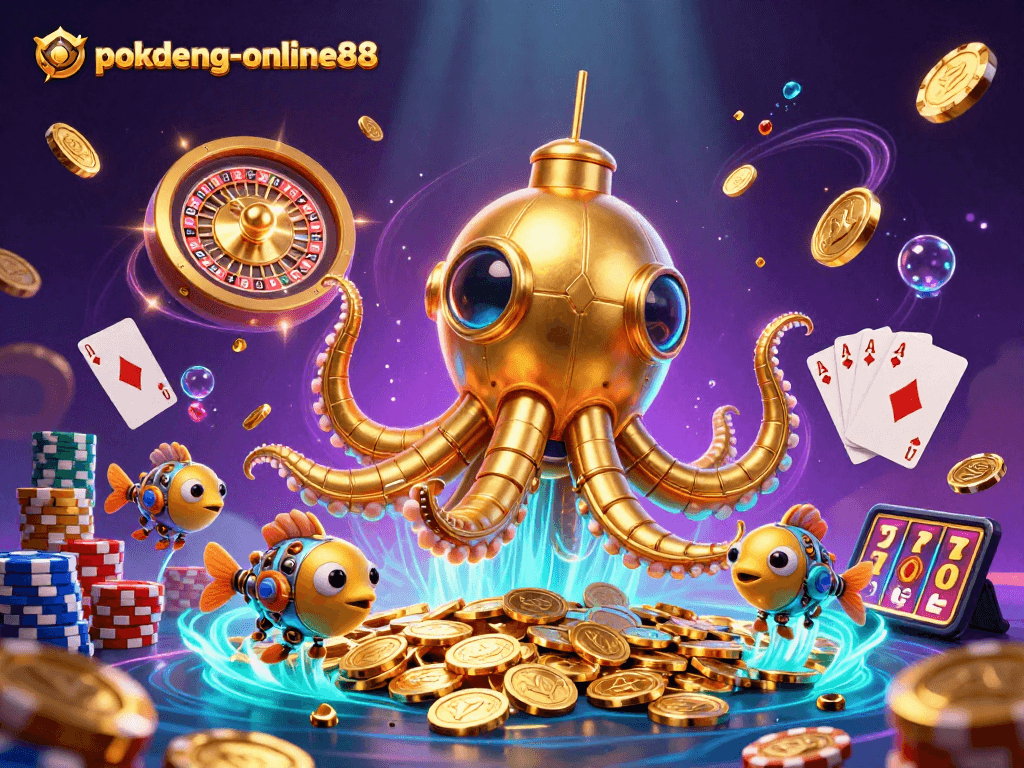 Experience thrilling moments at pokdeng-online88 with a golden kraken submarine amidst flying poker chips and coins.