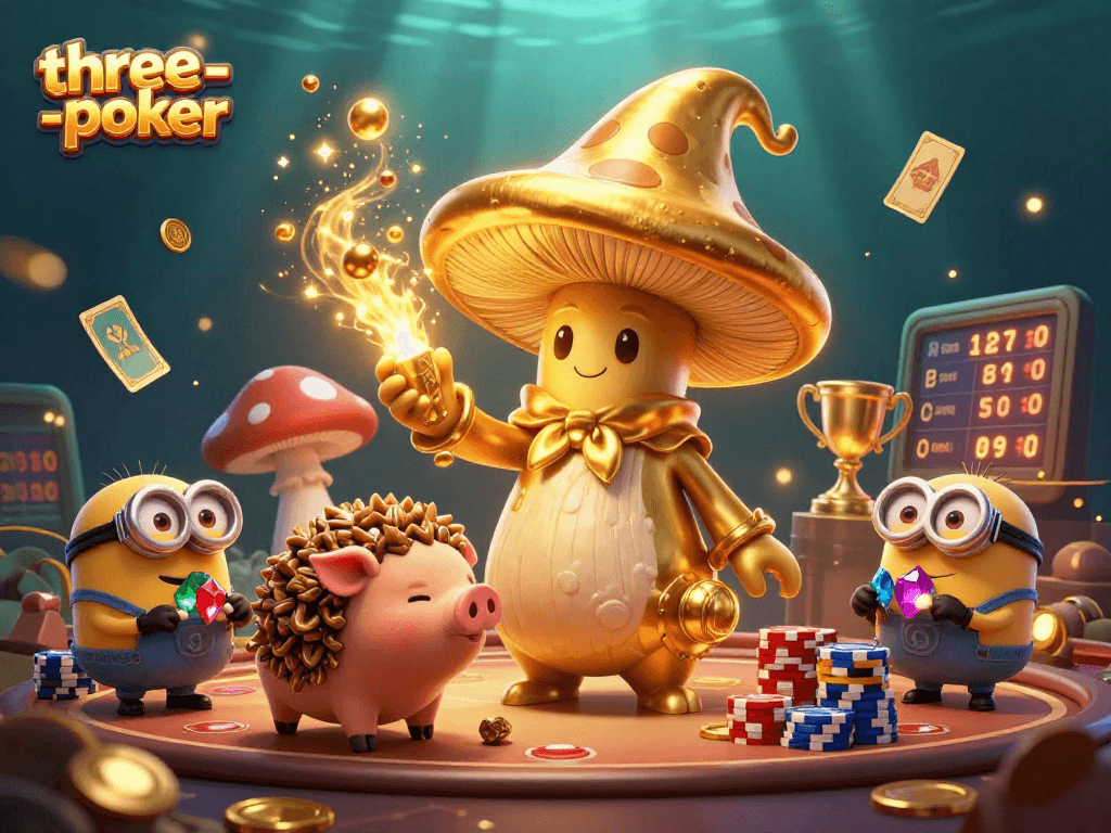 Engage in three-card-poker with a magical winning theme featuring a wizard and treasure elements.