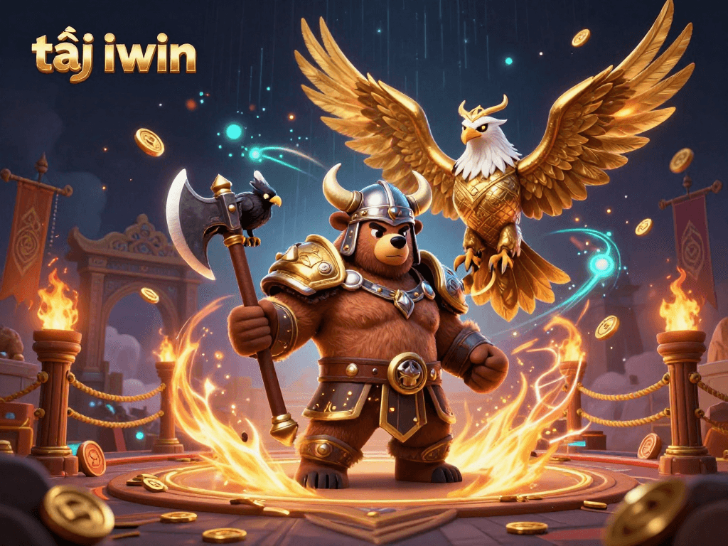 Engage in thrilling gameplay with tải iwin featuring a Viking bear and Valkyrie in a captivating arena.