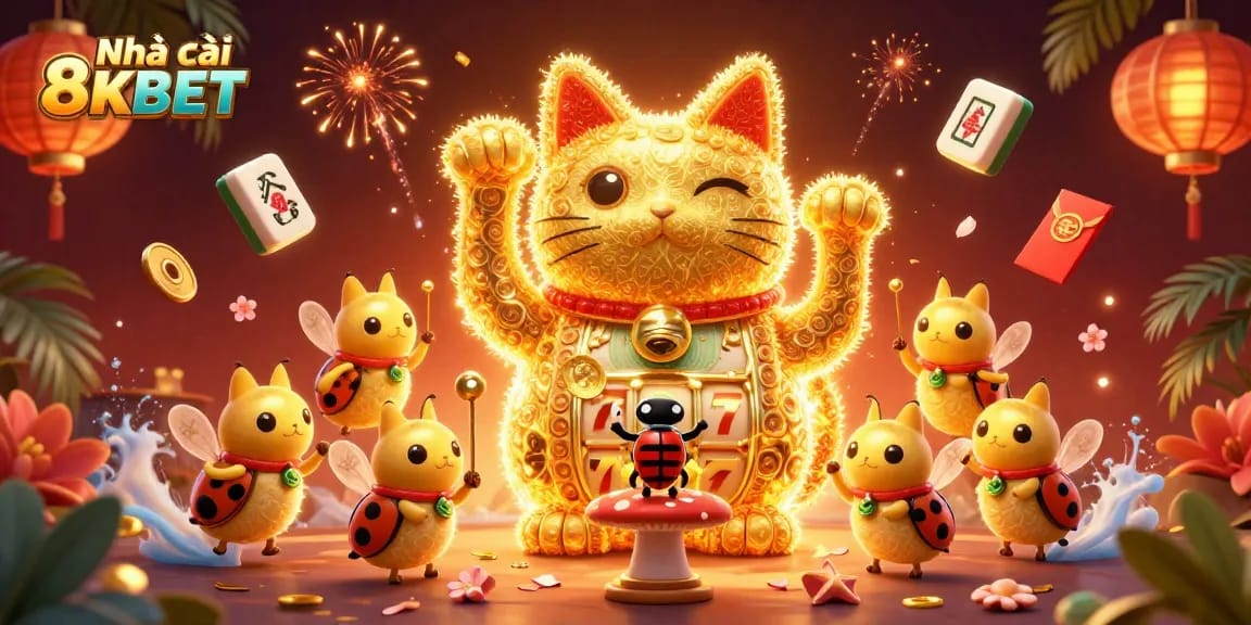 Engage with Nhà cái 8KBET's vibrant casino world featuring a lucky cat and dynamic symbols.