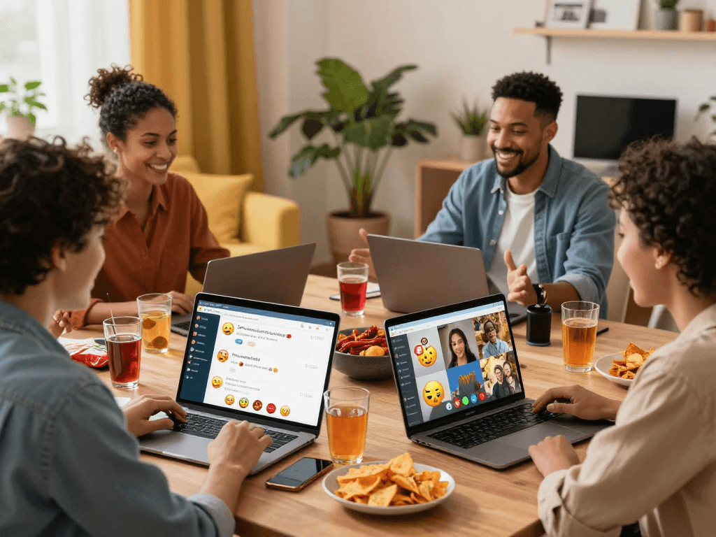 Dynamic spicy chat among friends during a video call, showcasing vibrant home environments.