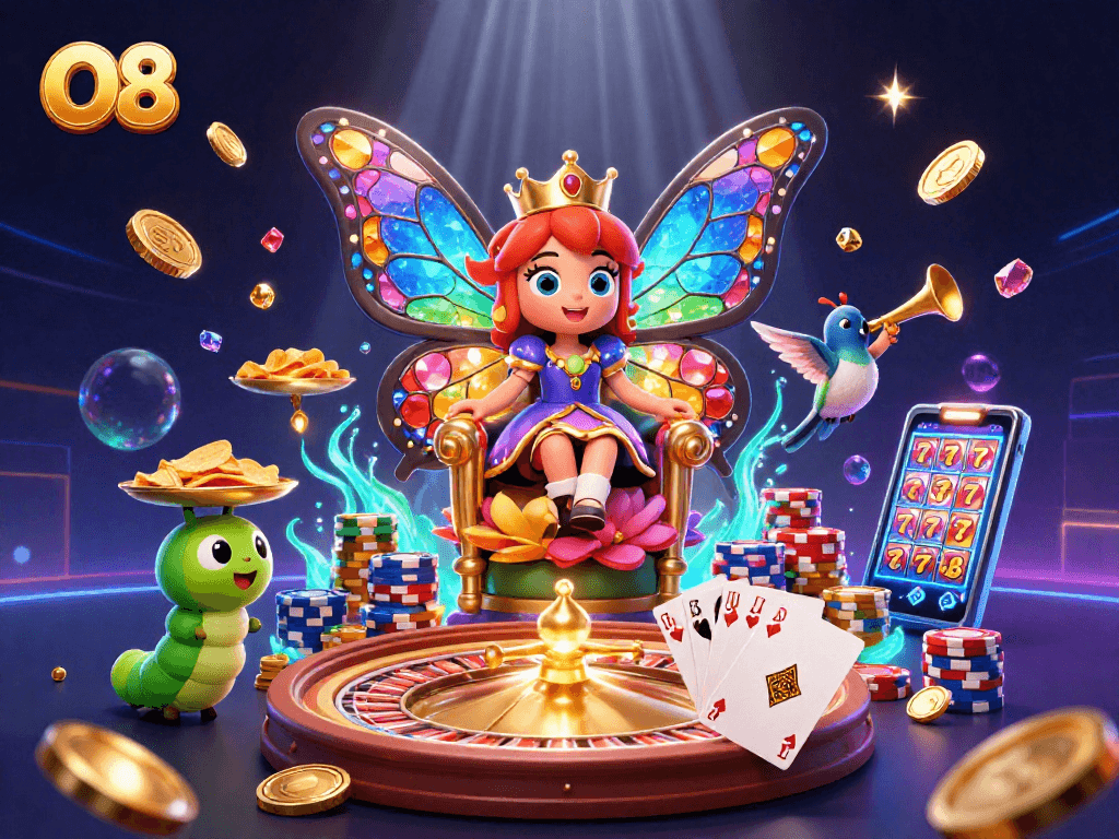 O8 attracts players with an illustrated royal scene featuring vibrant casino elements and opulent butterflies.