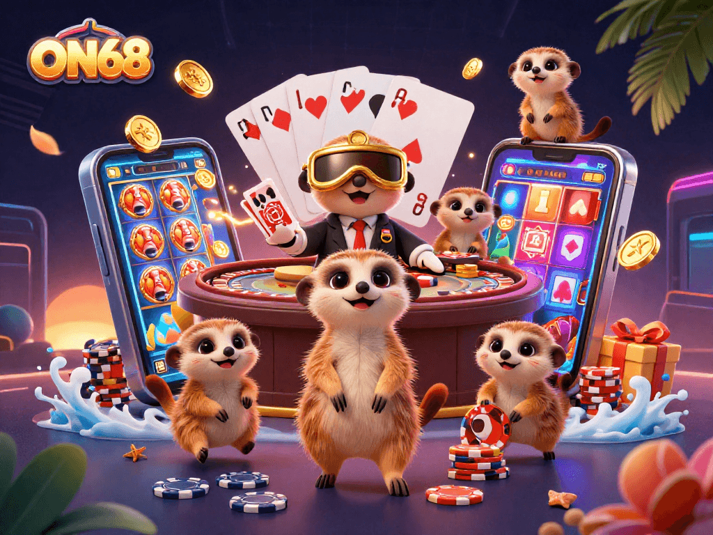 ON68 casino illustration with meerkats managing games, showcasing vibrant slot action.