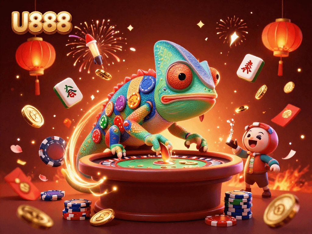 Experience thrilling plays at U888 with a vibrant 3D chameleon casino owner surrounded by festive gaming elements.