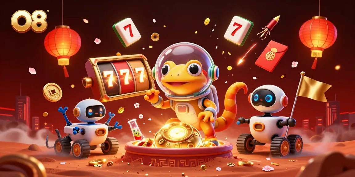 O8 slots adventure displays a Martian gecko with golden casino elements amidst vibrant colors.