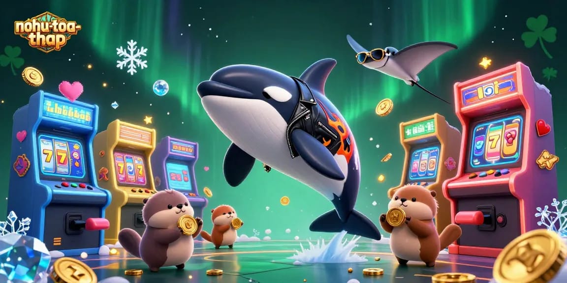 Experience the thrill of nohu-toa-thap game with a 3D orca, stingray, and otters amidst a vibrant arcade scene.