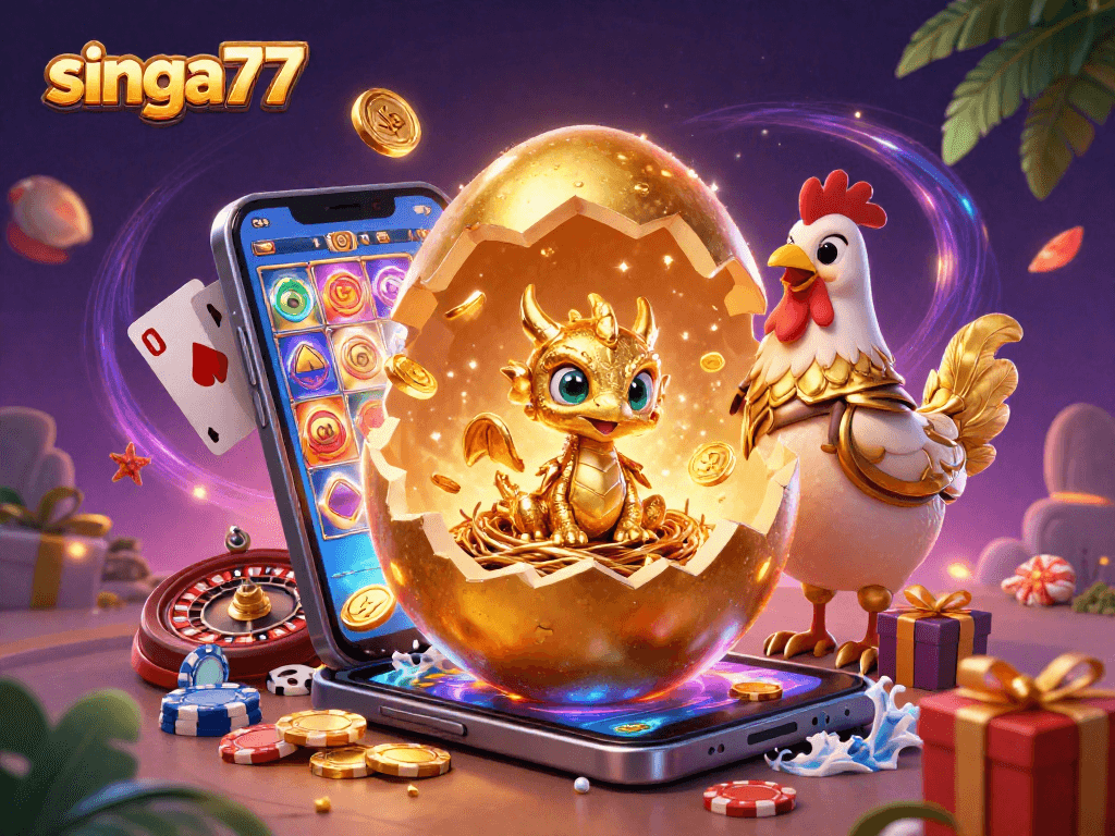 Singa77 engages players with a dazzling illustration of a golden dragon, chips, and slots.