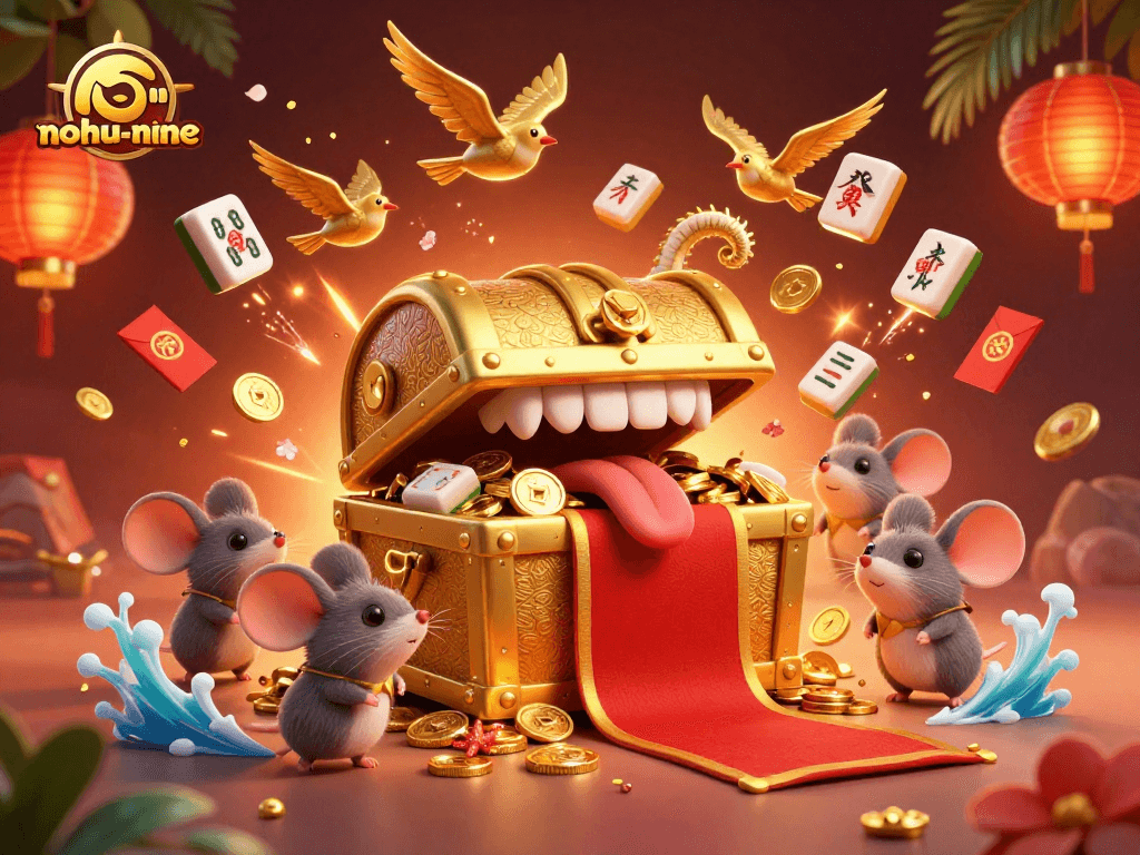 Experience the excitement of nohu-nine with a cartoon treasure chest and vibrant casino elements.