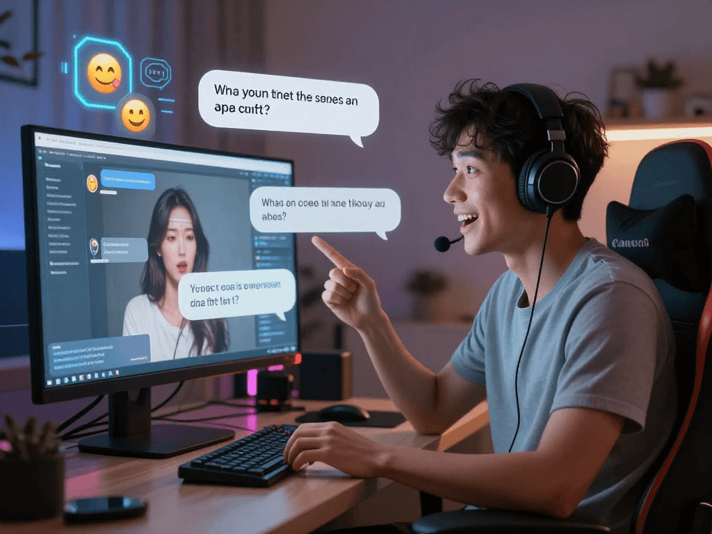 Interactive AI chat porn scene showcasing a digital avatar in a modern chat environment.