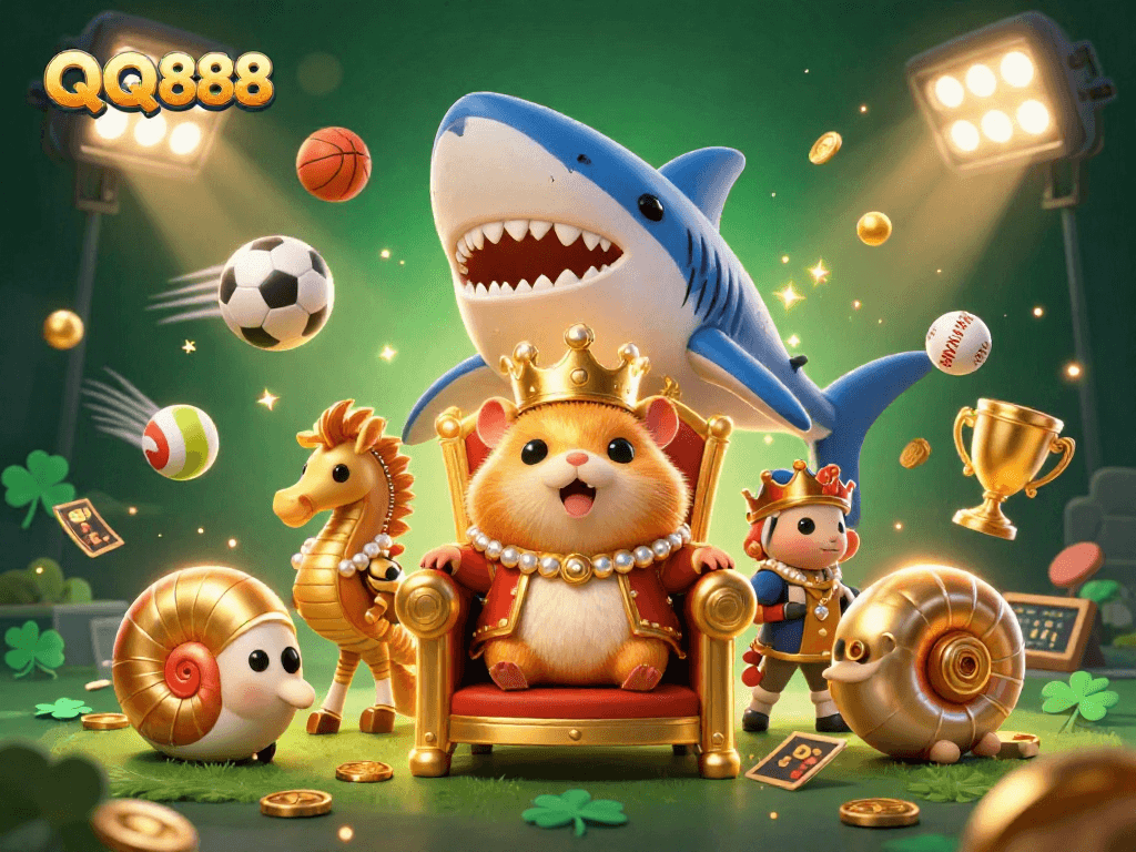 Elevate your gameplay at QQ888 with a fierce hamster king surrounded by sports elements.