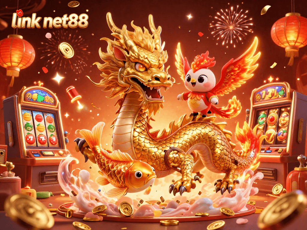 Win with link net88 using a vibrant 3D dragon and phoenix in an exciting casino scene.