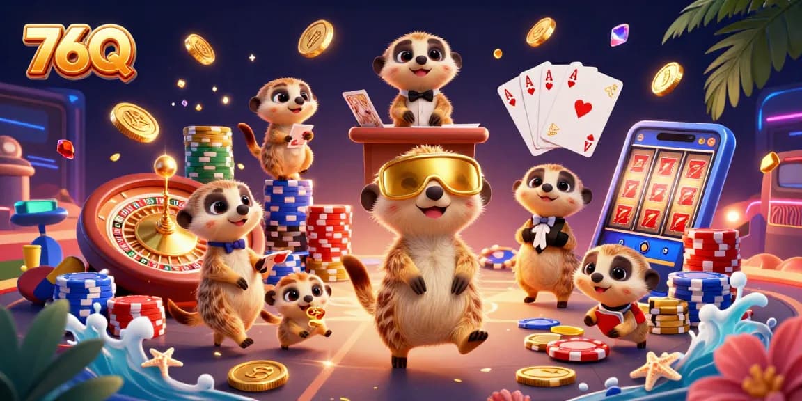 Os suricatos da 76Q gerenciam um cassino cheio de emoção e recompensas, com peças de jogos vibrantes.