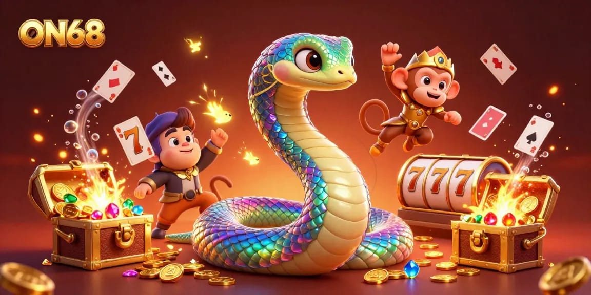 Experience the thrill of ON68 with vibrant visuals of a coiled rainbow serpent and golden treasures.