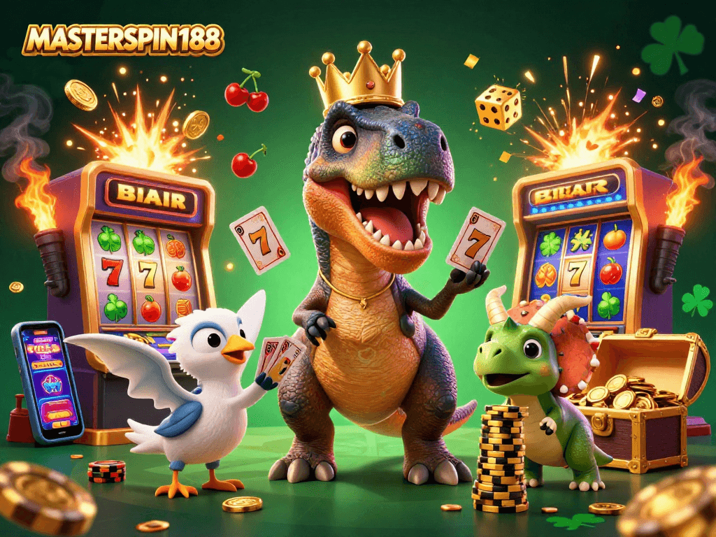 Experience the excitement of MASTERSPIN188 in an ultra-detailed 3D cartoon casino scene featuring dinosaurs and thrilling slots.