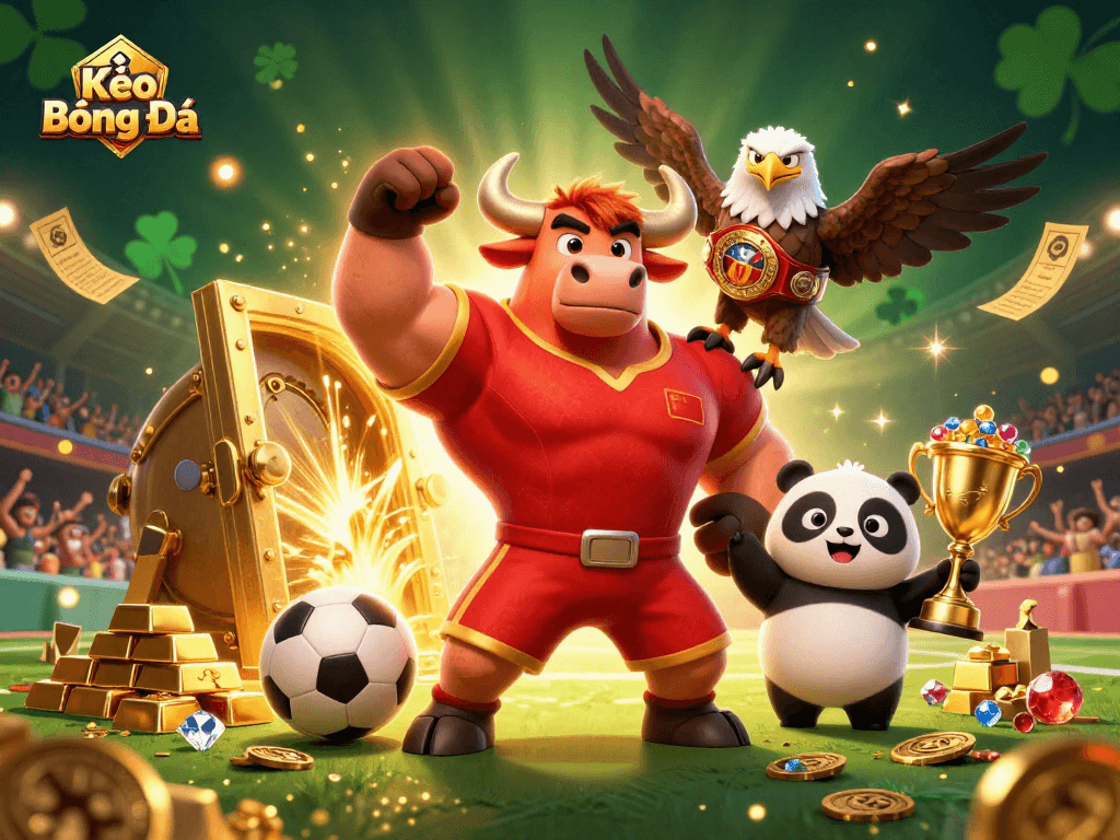 Kèo Bóng Đá betting action with a cartoon bull mascot, eagle, and panda surrounded by gold and sports elements.