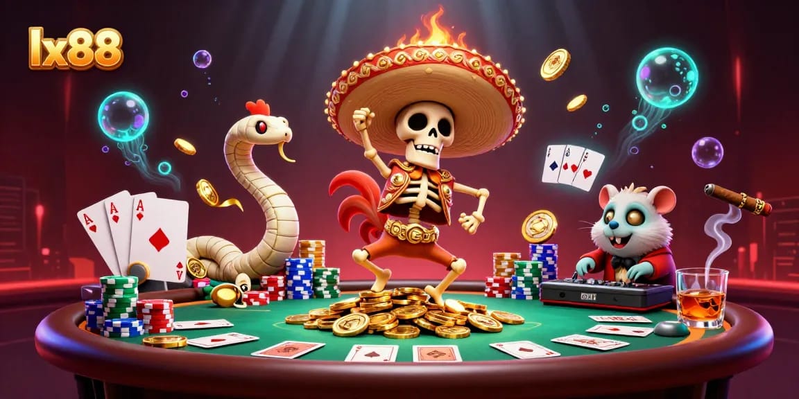 Experience the thrill of gameplay at lx88 with unique characters like a skeleton mariachi dancing amidst poker chips.