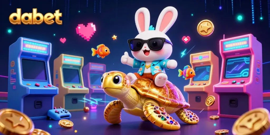 Dabet's vibrant casino world showcases an adorable lucky rabbit and a golden turtle amidst game elements.