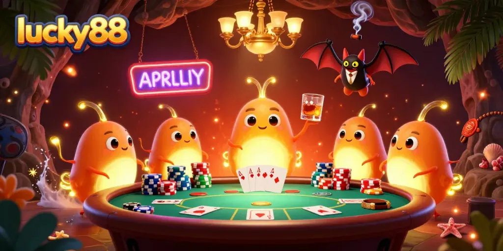 Engage in thrilling poker action with lucky88 as glowworms illuminate a vibrant cave casino.
