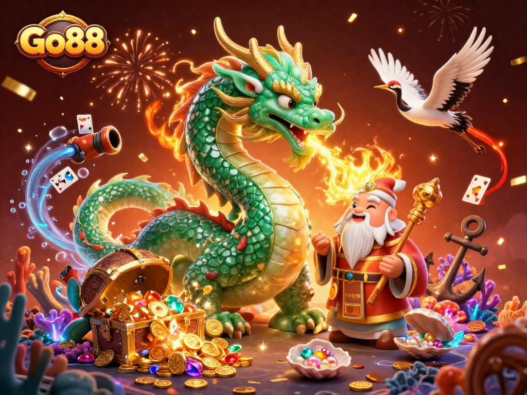 Trải nghiệm Go88 với rồng ngọc lục bảo và kho báu dưới biển đầy màu sắc.