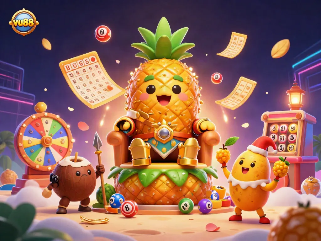 Experience top-tier gaming at vu88 with a vibrant illustration showcasing a golden pineapple king and dynamic lottery elements in a lively casino.