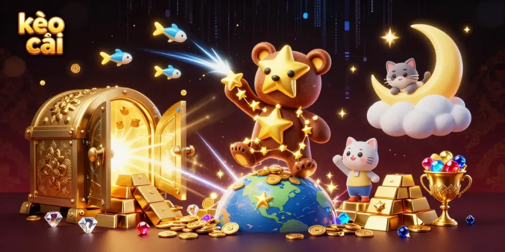 Experience the excitement of kèo nhà cái with a cosmic bear reaching for treasures surrounded by golden gems.