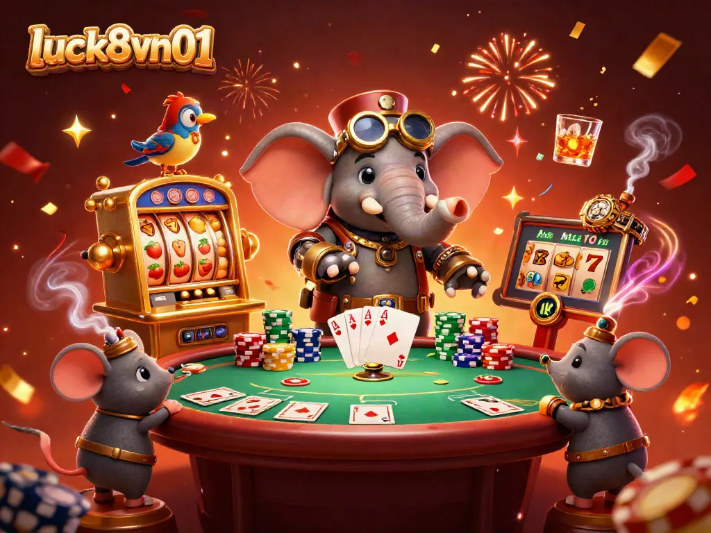 Engaging scene of luck8vn01 showcasing a steampunk elephant and games, celebrating casino spirit.
