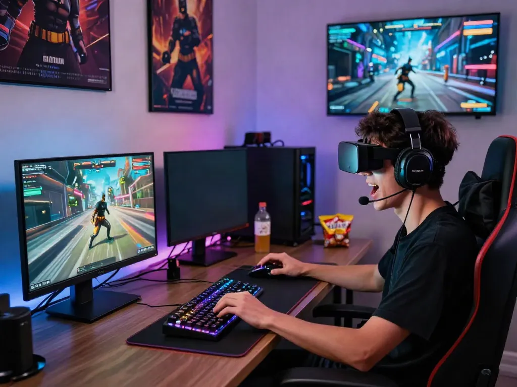 Engaged gamer enjoying batman138 in a high-tech gaming environment with vibrant visuals.