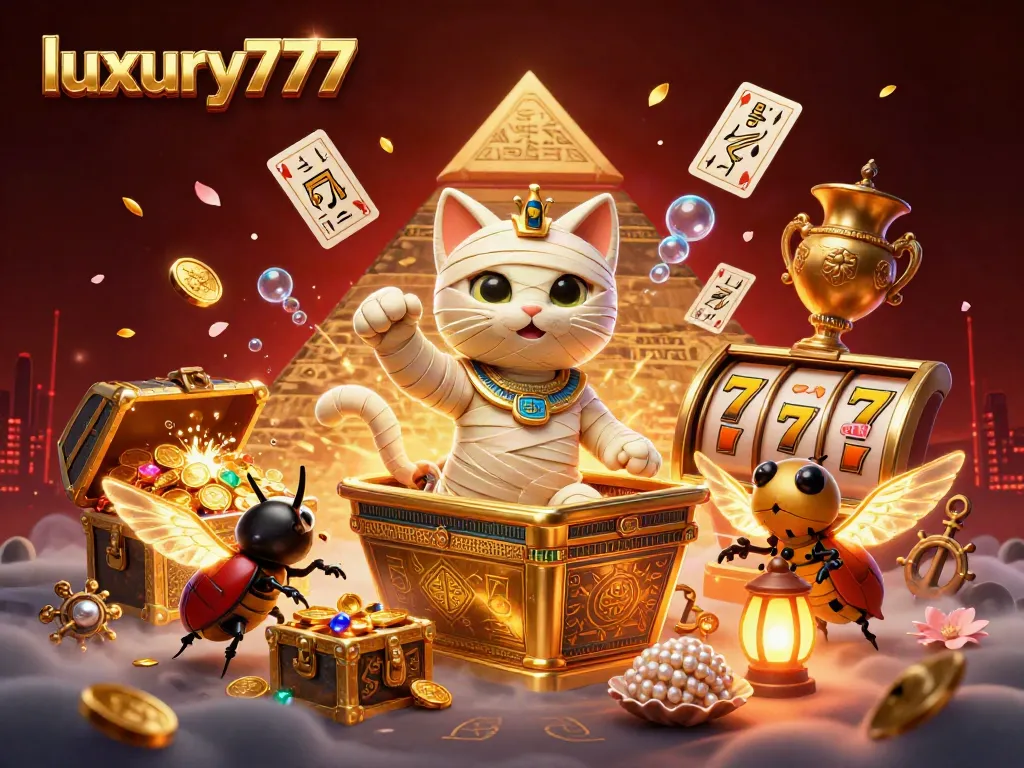 Experience thrilling slot action with luxury777 featuring a mummy cat and dynamic casino elements.