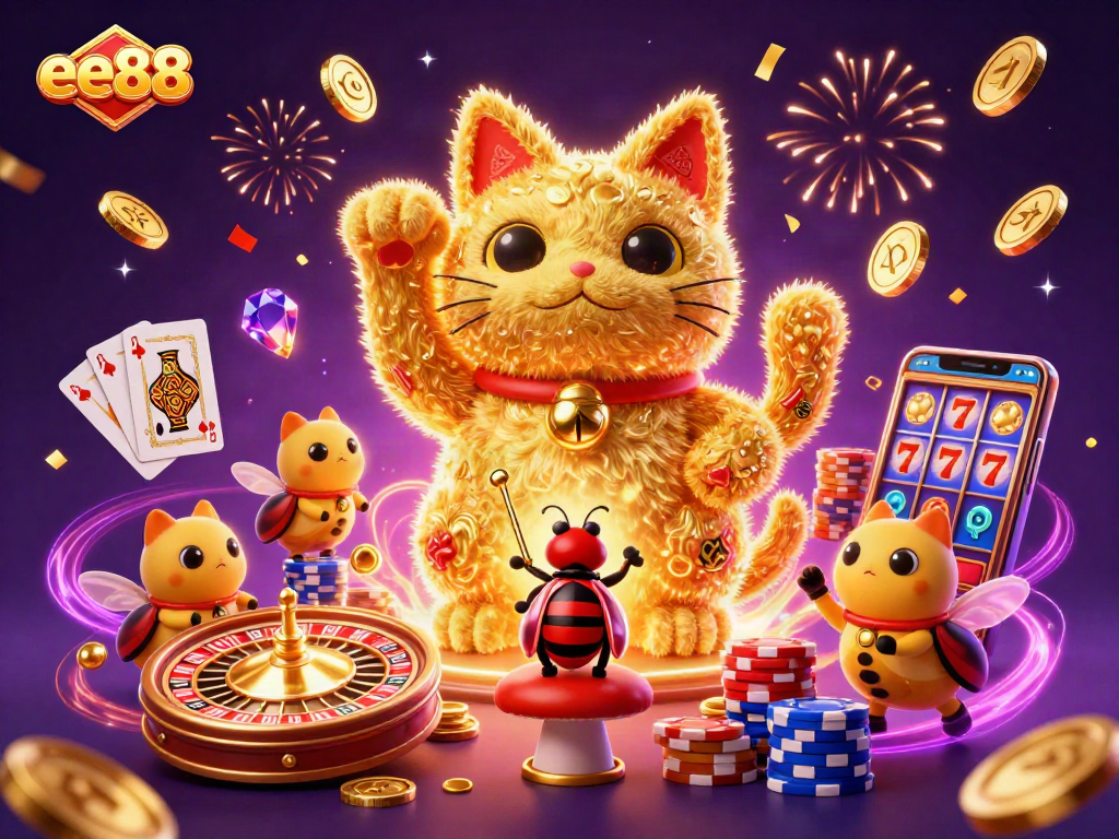 Win exciting prizes with ee88 in a dynamic, vibrant casino-themed scene filled with illustrations of lucky symbols.