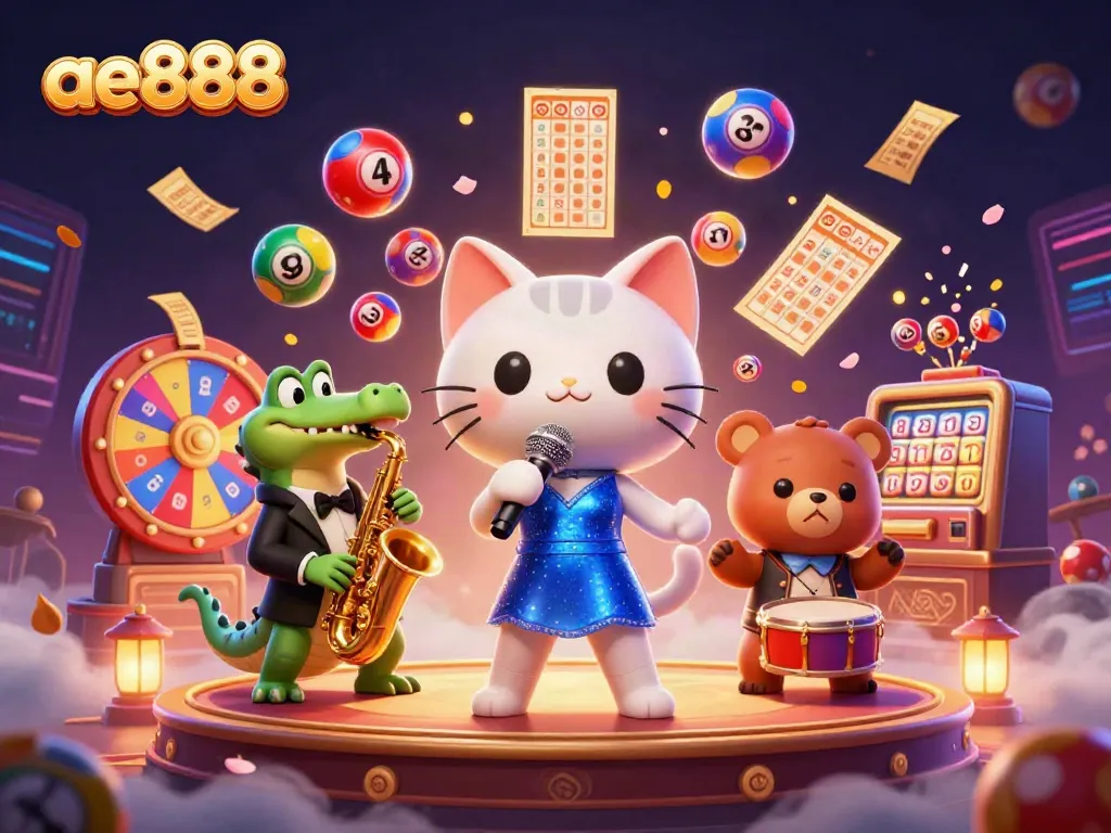 Engage with ae888's vibrant casino world through a lively 3D illustration featuring a jazzy cat and colorful game elements.
