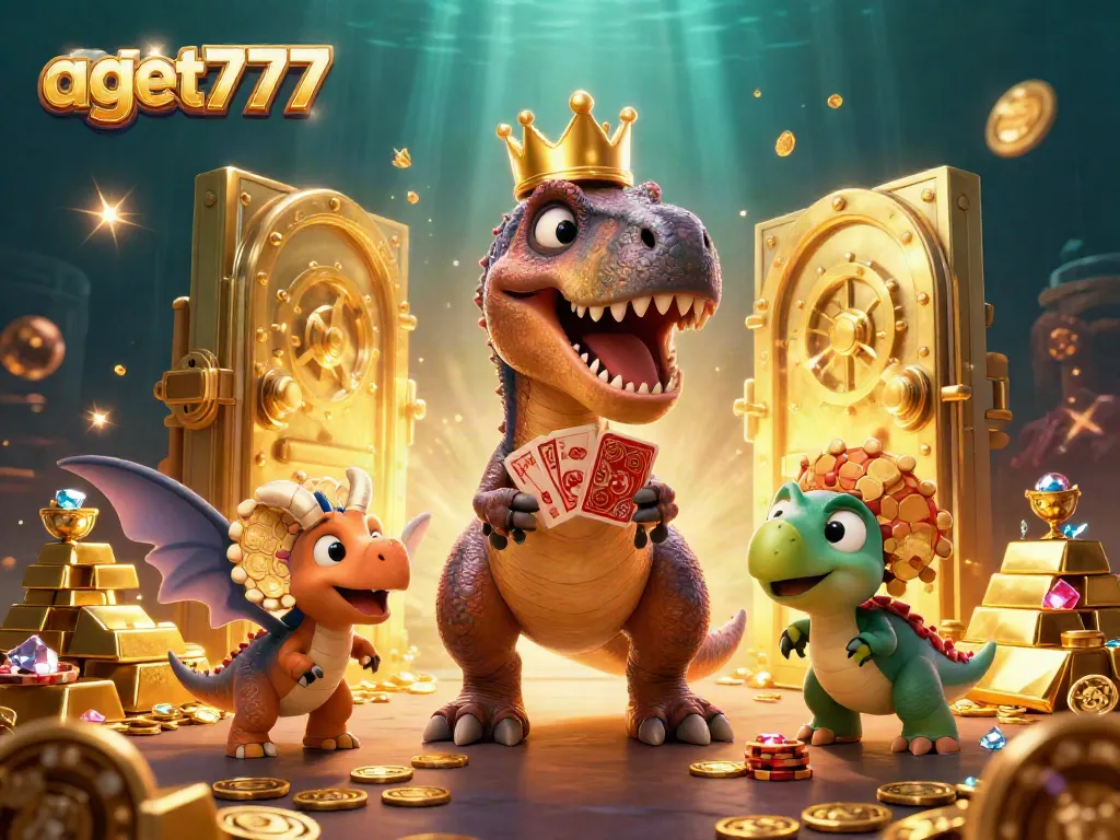 Engage with agen slot777 in a vibrant 3D illustration featuring a friendly T-Rex and exciting casino elements.