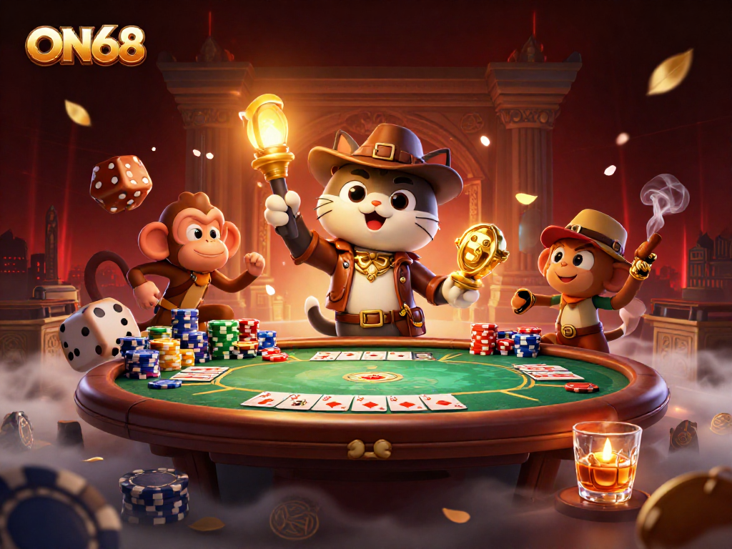 Experience thrilling gaming adventures at ON68 with a cat explorer and monkey while uncovering treasures