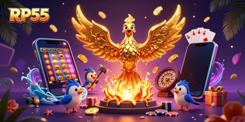 Experience the thrilling dynamics of RP55's jackpot games with a vibrant 3D illustration of exciting casino elements.