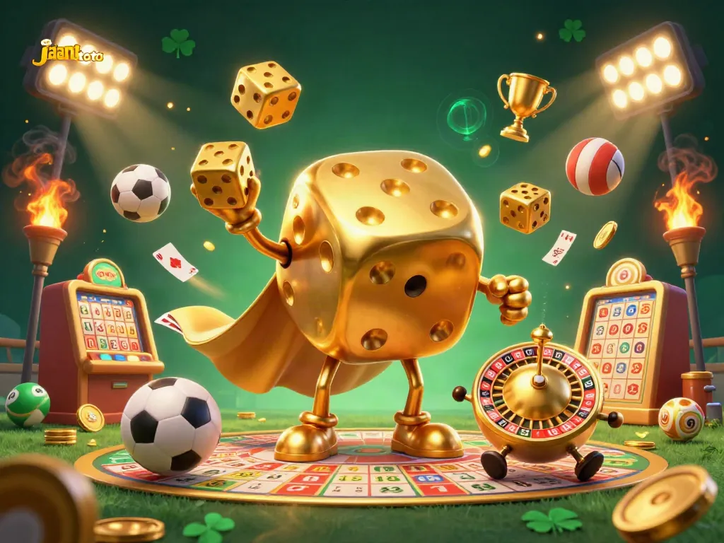 Visualisasi jalantoto dengan karakter dadu emas, bola lotere, dan banyak elemen olahraga untuk menarik perhatian pemain.