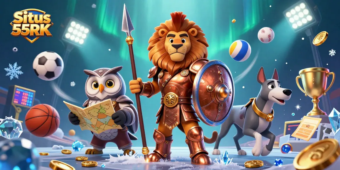Situs 55RK showcases a dynamic scene with a Spartan lion and sports elements, capturing the essence of online gambling.