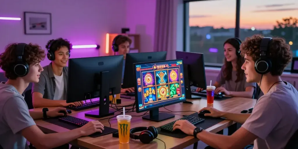 Friends enjoying akunjp online gaming in a lively setting with vibrant graphics and accessories.
