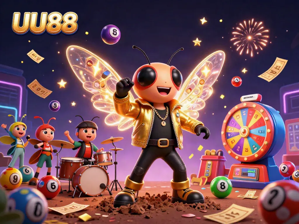 Experience the excitement of UU88 with a vibrant casino-themed celebration featuring a rock star character.