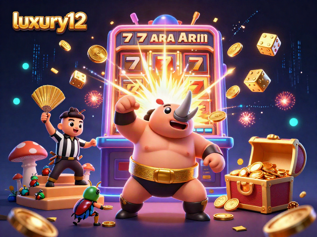 luxury12 reveals an action-packed 3D casino scene with a beetle champion and jackpot explosions.